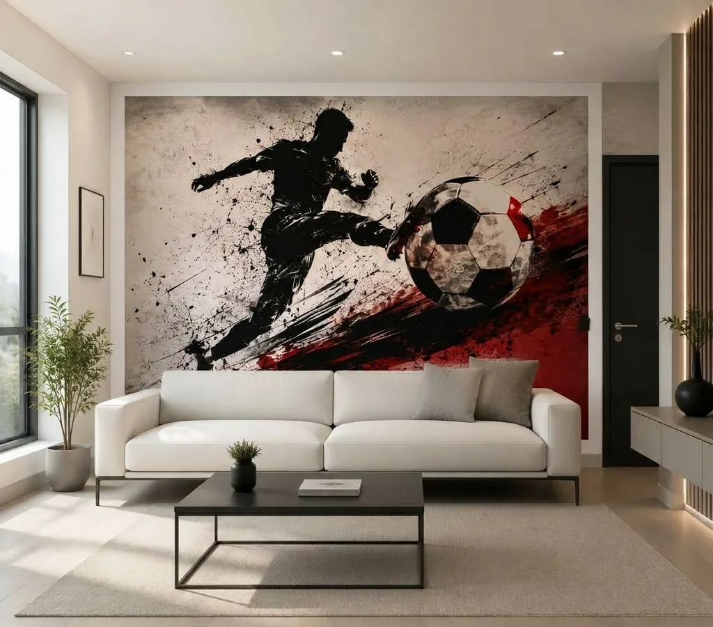 Salon contemporain avec grande impression murale sportive et graphique