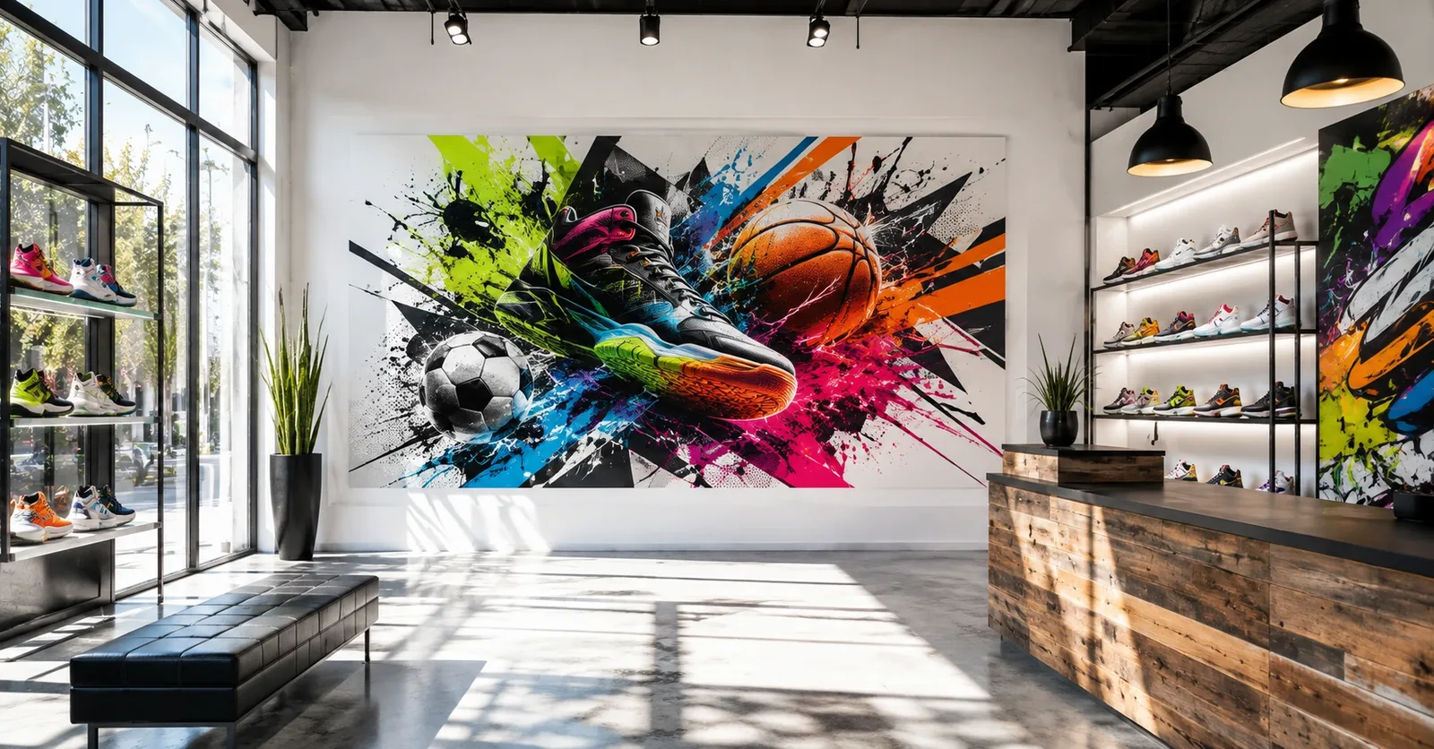 Boutique de sport avec grande impression murale graphique