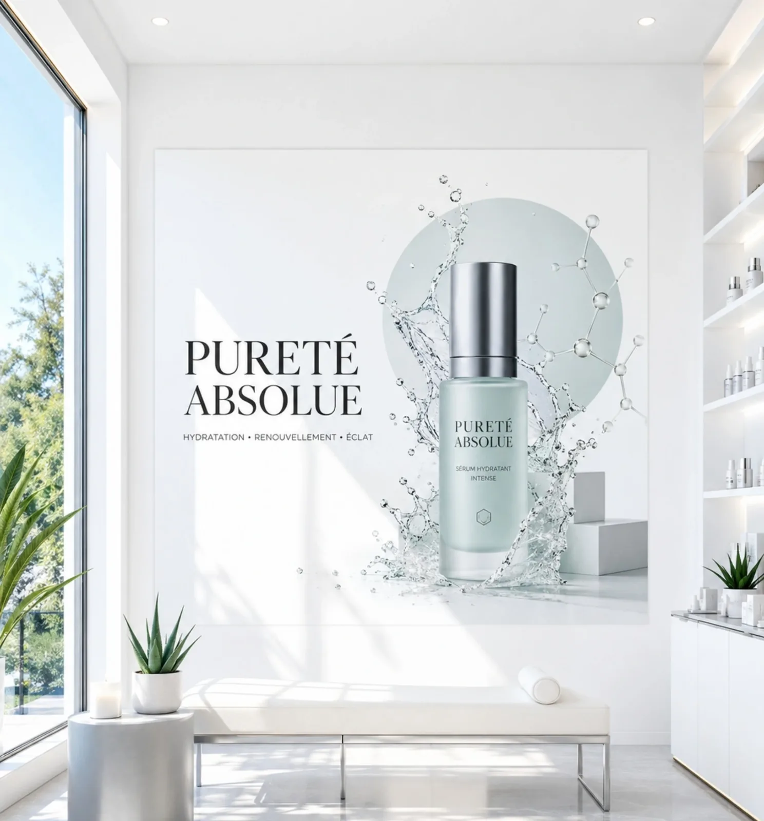 Institut ou showroom beauté avec grand visuel mural produit